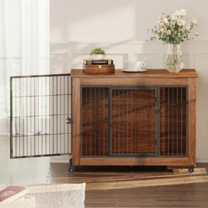 Wooden Dog Crate Furniture with Wheels for Small Dogs, Double Door End Table Kennel