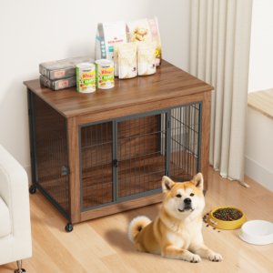 Wooden Dog Crate Furniture with Wheels for Small Dogs, Double Door End Table Kennel
