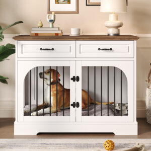 43.3 Inch Farmhouse Dog Crate Furniture with 2 Drawers and Rotating Food Bowls, Wooden Kennel Side Table for Medium Dogs, White and Brown