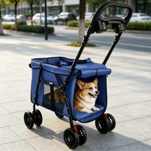 Foldable Pet Stroller with Skylight and Shockproof Wheels, Navy Blue, for Small and Medium Dogs and Cats