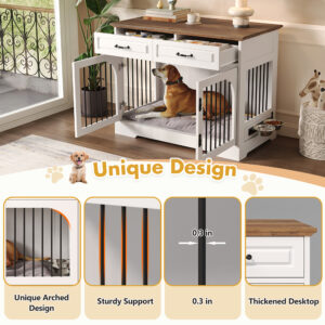 43.3 Inch Farmhouse Dog Crate Furniture with 2 Drawers and Rotating Food Bowls, Wooden Kennel Side Table for Medium Dogs, White and Brown