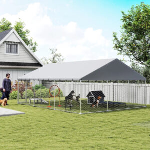 Large Outdoor Dog Kennel with Waterproof Roof, 20 x 15 x 8 ft Galvanized Steel Chain Link Dog Run with 2 Latches