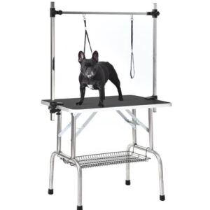 36 Inch Foldable Dog Grooming Table with Adjustable Arm, Non Slip Rubber Top and Storage Basket, 300 lb Capacity