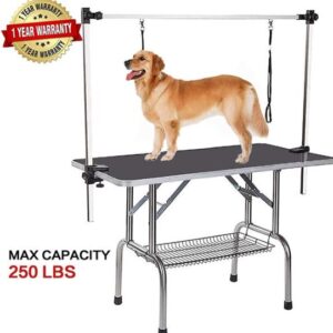 36 Inch Foldable Dog Grooming Table with Adjustable Arm, Non Slip Rubber Top and Storage Basket, 300 lb Capacity