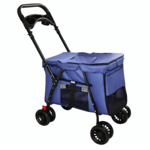 Foldable Pet Stroller with Skylight and Shockproof Wheels, Navy Blue, for Small and Medium Dogs and Cats