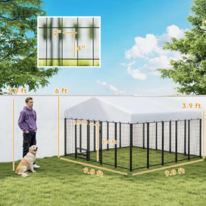 10 x 10 x 6 ft Outdoor Dog Kennel with Rotating Bowls, Steel Dog Run with Waterproof UV Resistant Cover and Lockable Gate