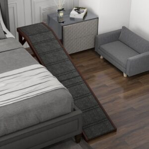 Wooden Dog Ramp for Bed with Non Slip Carpet and Top Platform, Brown