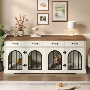 70.8 Inch Double Dog Crate Furniture for 2 Dogs, Wooden Kennel TV Stand with Removable Divider and 4 Storage Drawers, White and Brown