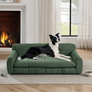 Large Dog Sofa Bed with Armrests and Backrest, Elevated Linen Dog Couch for Big Dogs, Olive Green