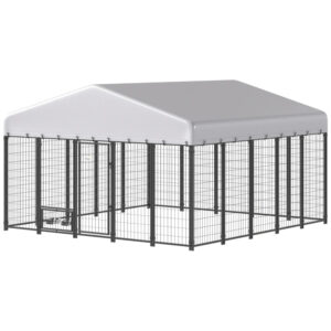 10 x 10 x 6 ft Outdoor Dog Kennel with Rotating Bowls, Steel Dog Run with Waterproof UV Resistant Cover and Lockable Gate