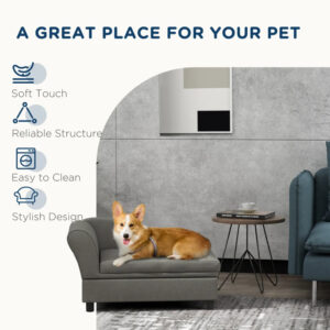 Dog Sofa with Storage for Small Dogs, Tufted Pet Couch Bed with Backrest and Armrests, Gray