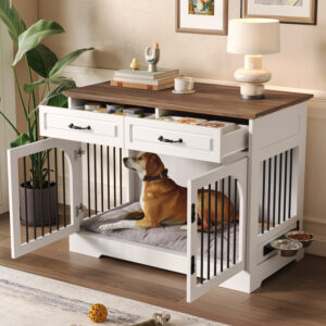 43.3 Inch Farmhouse Dog Crate Furniture with 2 Drawers and Rotating Food Bowls, Wooden Kennel Side Table for Medium Dogs, White and Brown