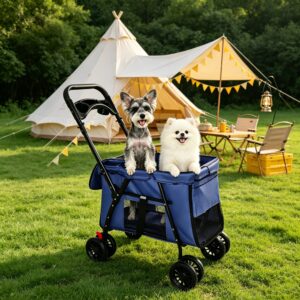 Foldable Pet Stroller with Skylight and Shockproof Wheels, Navy Blue, for Small and Medium Dogs and Cats