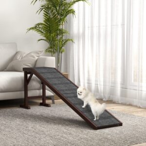 Wooden Dog Ramp for Bed with Non Slip Carpet and Top Platform, Brown