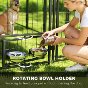 10 x 10 x 6 ft Outdoor Dog Kennel with Rotating Bowls, Steel Dog Run with Waterproof UV Resistant Cover and Lockable Gate