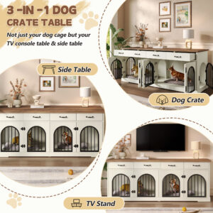 70.8 Inch Double Dog Crate Furniture for 2 Dogs, Wooden Kennel TV Stand with Removable Divider and 4 Storage Drawers, White and Brown