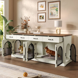 70.8 Inch Double Dog Crate Furniture for 2 Dogs, Wooden Kennel TV Stand with Removable Divider and 4 Storage Drawers, White and Brown
