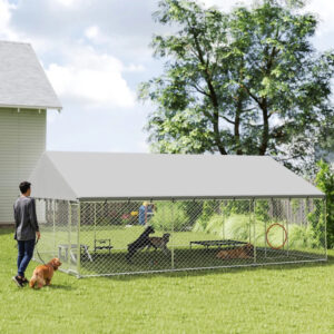 Large Outdoor Dog Kennel with Waterproof Roof, 20 x 15 x 8 ft Galvanized Steel Chain Link Dog Run with 2 Latches