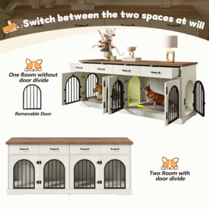 70.8 Inch Double Dog Crate Furniture for 2 Dogs, Wooden Kennel TV Stand with Removable Divider and 4 Storage Drawers, White and Brown