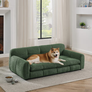 Large Dog Sofa Bed with Armrests and Backrest, Elevated Linen Dog Couch for Big Dogs, Olive Green