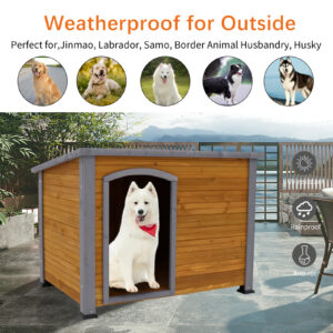 Natural Wood Dog House for Large Dogs, Outdoor and Indoor Wooden Kennel with Raised Feet, Weather Resistant