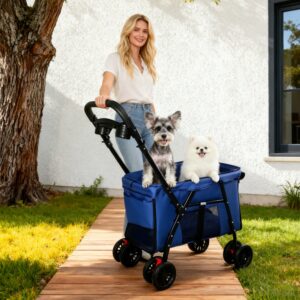 Foldable Pet Stroller with Skylight and Shockproof Wheels, Navy Blue, for Small and Medium Dogs and Cats