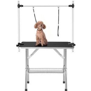 36 Inch Foldable Dog Grooming Table with Adjustable Arm, Non Slip Rubber Top and Storage Basket, 300 lb Capacity