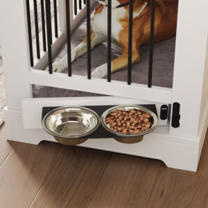 43.3 Inch Farmhouse Dog Crate Furniture with 2 Drawers and Rotating Food Bowls, Wooden Kennel Side Table for Medium Dogs, White and Brown