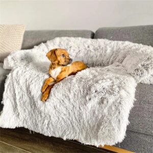 Plush Dog Couch Bed with Bolster, Shaggy Sofa Cover for Dogs and Cats