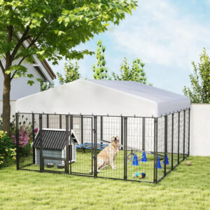 10 x 10 x 6 ft Outdoor Dog Kennel with Rotating Bowls, Steel Dog Run with Waterproof UV Resistant Cover and Lockable Gate