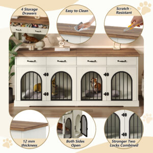70.8 Inch Double Dog Crate Furniture for 2 Dogs, Wooden Kennel TV Stand with Removable Divider and 4 Storage Drawers, White and Brown