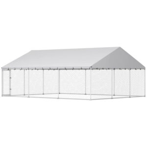 Large Outdoor Dog Kennel with Waterproof Roof, 20 x 15 x 8 ft Galvanized Steel Chain Link Dog Run with 2 Latches