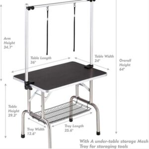 36 Inch Foldable Dog Grooming Table with Adjustable Arm, Non Slip Rubber Top and Storage Basket, 300 lb Capacity