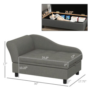 Dog Sofa with Storage for Small Dogs, Tufted Pet Couch Bed with Backrest and Armrests, Gray