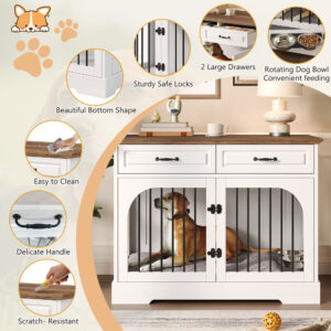 43.3 Inch Farmhouse Dog Crate Furniture with 2 Drawers and Rotating Food Bowls, Wooden Kennel Side Table for Medium Dogs, White and Brown