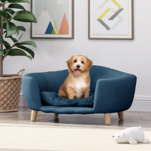 Mid Century Modern Dog Bed with Birch Wood Legs, Plush Cushion for Small Dogs
