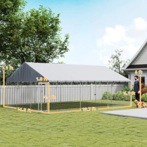 Large Outdoor Dog Kennel with Waterproof Roof, 20 x 15 x 8 ft Galvanized Steel Chain Link Dog Run with 2 Latches