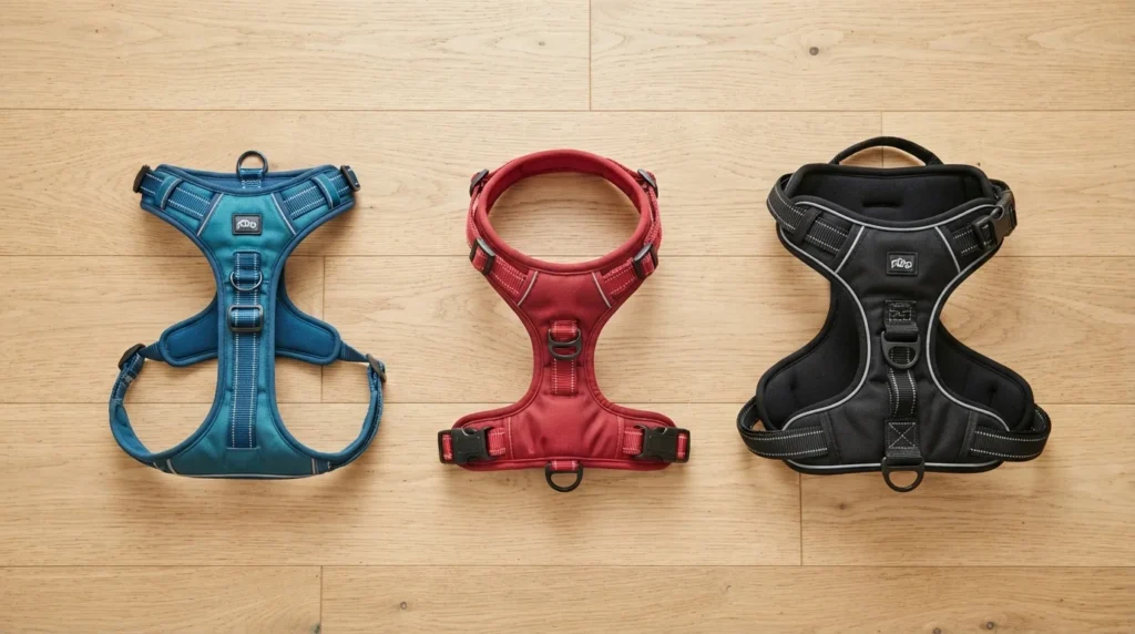 Step-in, overhead, and vest dog harness styles laid out for comparison