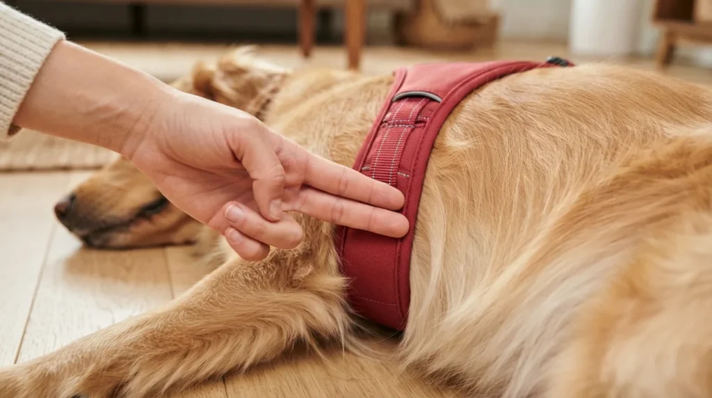 Checking dog harness fit by sliding two fingers under the strap