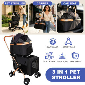 3 in 1 Double Layer Pet Stroller for Small and Medium Dogs and Cats, Black