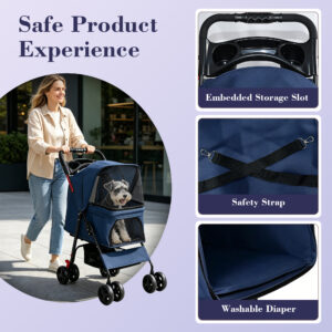 Foldable Pet Stroller for Small Dogs and Cats Up to 28 lbs, Blue