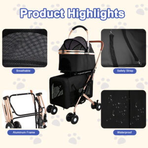 3 in 1 Double Layer Pet Stroller for Small and Medium Dogs and Cats, Black