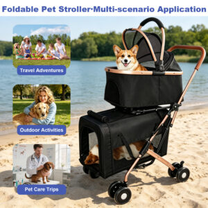 3 in 1 Double Layer Pet Stroller for Small and Medium Dogs and Cats, Black