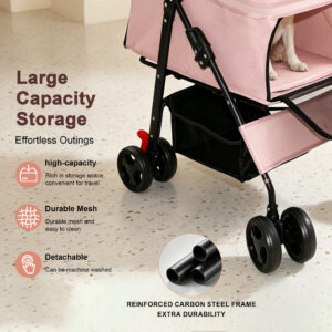 Foldable Pet Stroller for Small Dogs and Cats Up to 28 lbs, Pink