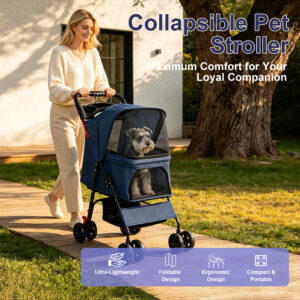 Foldable Pet Stroller for Small Dogs and Cats Up to 28 lbs, Blue