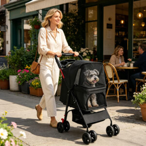Foldable Pet Stroller for Small Dogs and Cats Up to 28 lbs, Black