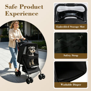 Foldable Pet Stroller for Small Dogs and Cats Up to 28 lbs, Black