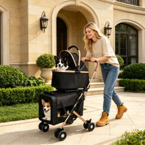 3 in 1 Double Layer Pet Stroller for Small and Medium Dogs and Cats, Black
