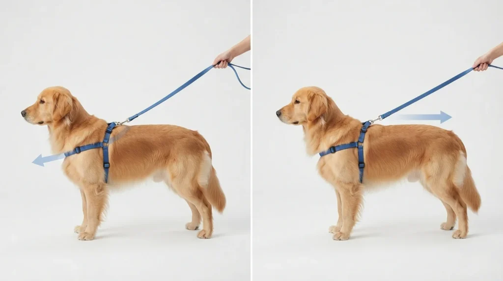 Front clip vs back clip dog harness showing the chest and back leash attachment points