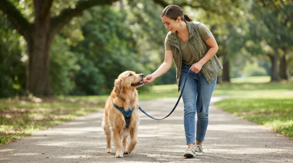 Dog walking on a loose leash in a well-fitted harness